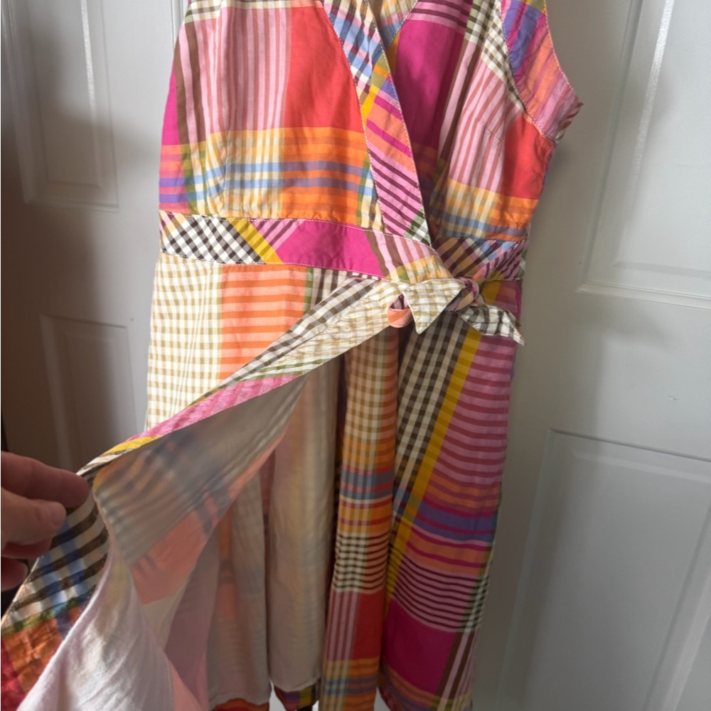 Multicolor Plaid Madras Wrap Sundress - Pink & Orange Size Large Pockets - Picture 5 of 12